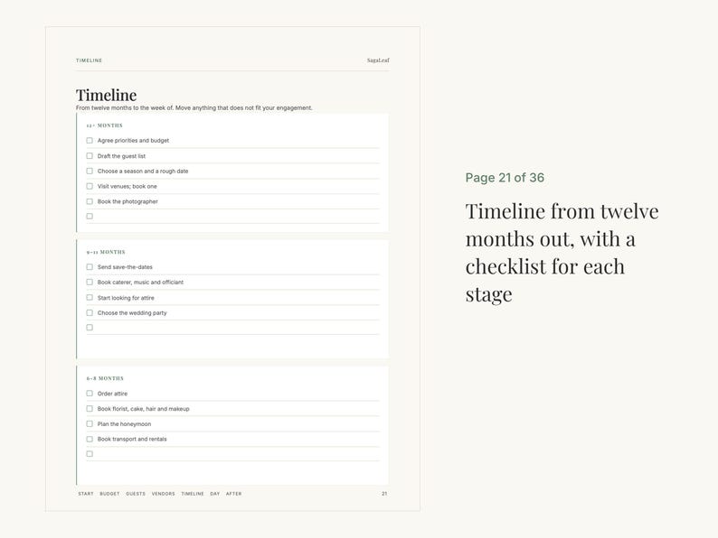 May include: A white page titled Timeline with black text and checkboxes. It features three sections: 12+ months, 9-12 months, and 6-8 months, each containing a list of tasks for wedding planning. The bottom footer includes labels for Start, Budget, Guests, Vendors, Timeline, Day, and After.