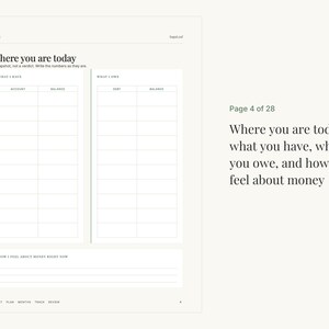 May include: A financial planning worksheet titled Where you are today, featuring two tables labeled What I Have and What I Owe with columns for account, debt, and balance, plus a section for How I Feel About Money Right Now, marked as page 4 of 28.