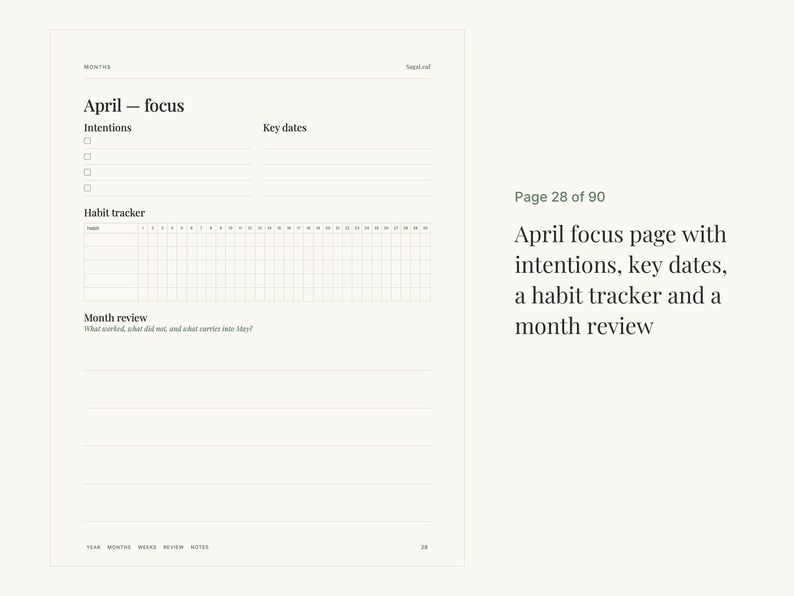 K&ouml;nnte beinhalten: Eine Planerseite mit der &Uuml;berschrift April focus, die Abschnitte f&uuml;r Vors&auml;tze, wichtige Termine, einen Gewohnheitstracker mit einunddrei&szlig;ig Spalten sowie einen Bereich f&uuml;r den Monatsr&uuml;ckblick mit linierten Notizzeilen auf cremefarbenem Grund.