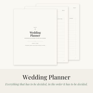 Könnte beinhalten: Ein weißer Hochzeitsplaner mit schwarzem Text. Das Deckblatt zeigt den Titel Wedding Planner und den Untertitel Everything that has to be decided, in the order it has to be decided. Weitere Seiten enthalten linierte Abschnitte für Notizen.