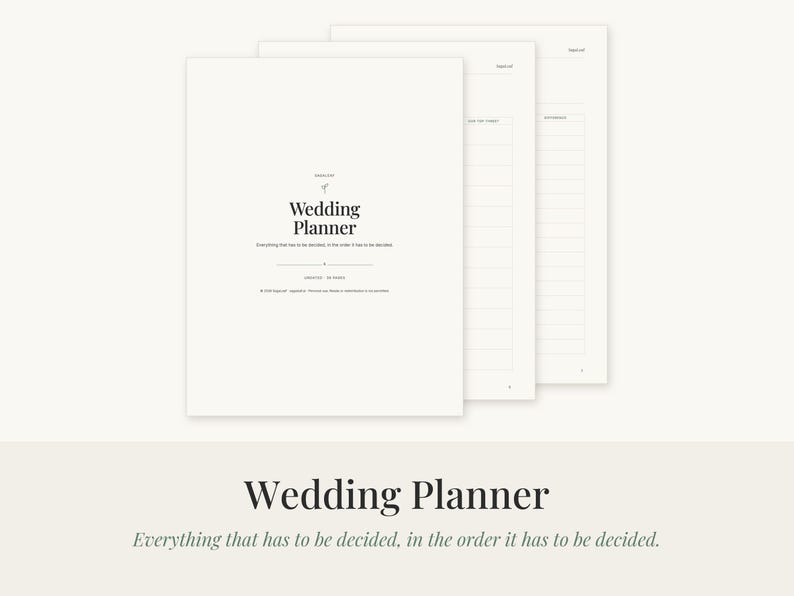 May include: A white wedding planner document with black text. The cover page displays the title Wedding Planner and the subtitle Everything that has to be decided, in the order it has to be decided. Additional pages feature lined sections.