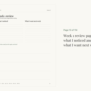 以下が含まれることがあります： Week 1 reviewというタイトルの白いプランナーページ。What I noticedとWhat I want next weekのセクションがあります。書き込み用の罫線エリア、Which day would you live again, and why?という質問、および114ページ中の13ページ目という表記が含まれています。