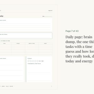 May include: A daily planner page featuring sections for Monday, a brain dump, the one thing, a task table with columns for task, guess, really took, and done, plus sections for done today, energy levels, and tomorrow, start with.