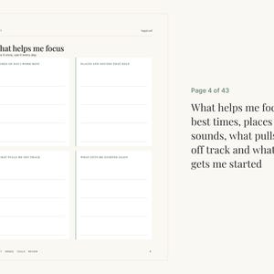 May include: A white planner page titled What helps me focus with four sections: Times of day I work best, Places and sounds that help, What pulls me off track, and What gets me started again. The page includes lines for writing and page number 4.