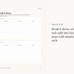 May include: A white planner page titled Break it down with instructions to split tasks into tiny steps. It features two identical tables with columns for tiny step, minutes, and done, plus a space for big task. Page 38 of 43 is noted.