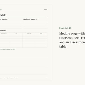 May include: A white page titled Module with sections for Tutor & contact, Reading & resources, and an Assessments table with columns for assessment, due, weight, and mark, plus the text Where are the marks actually won here?