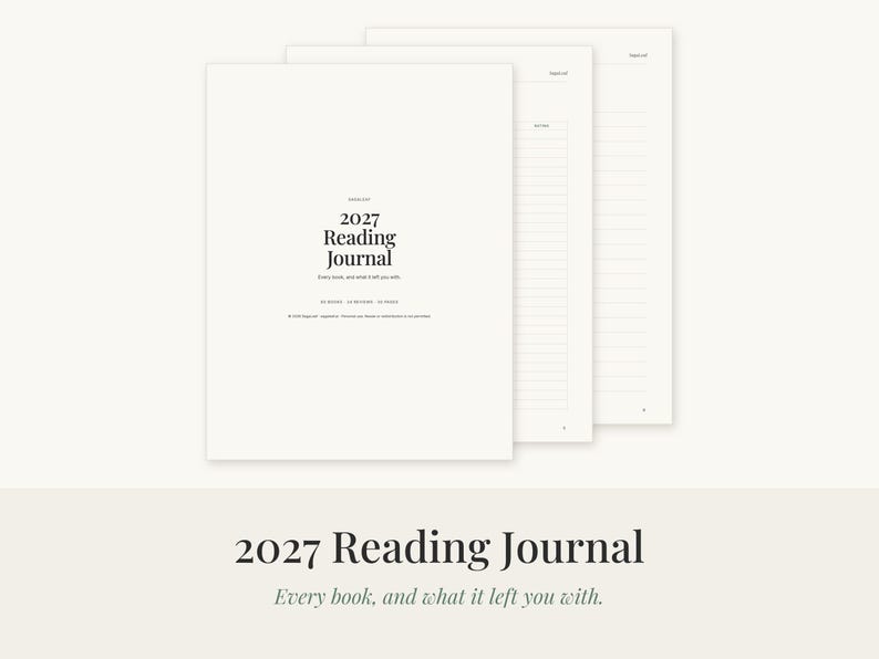 May include: A white 2027 Reading Journal with black text. The cover reads 2027 Reading Journal, Every book, and what it left you with, 52 books, 52 reviews, 52 weeks. The interior pages feature horizontal lines for writing and notes.