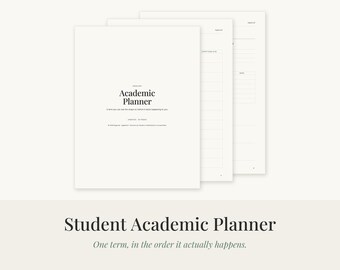 May include: A white academic planner with black text. The cover reads Academic Planner, A term you can see the shape of before it starts happening to you. The interior pages feature lined sections for organisation and planning tasks.