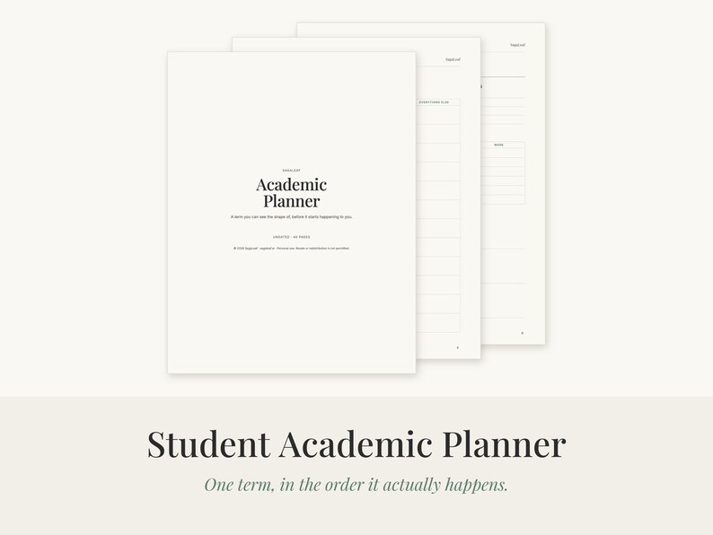 May include: A white academic planner with black text. The cover reads Academic Planner, A term you can see the shape of before it starts happening to you. The interior pages feature lined sections for organization and planning tasks.