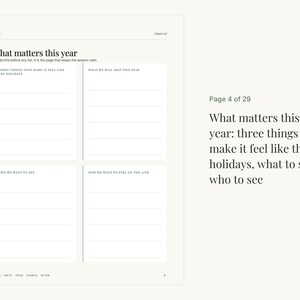 K&ouml;nnte beinhalten: Eine wei&szlig;e Planerseite mit der &Uuml;berschrift What matters this year und vier Abschnitten f&uuml;r Notizen: Three things that make it feel like the holidays, What we will skip this year, Who we want to see und How we want to feel on the 25th.