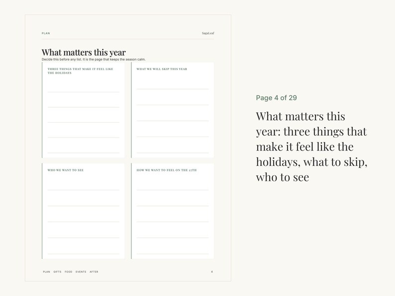 K&ouml;nnte beinhalten: Eine wei&szlig;e Planerseite mit der &Uuml;berschrift What matters this year und vier Abschnitten f&uuml;r Notizen: Three things that make it feel like the holidays, What we will skip this year, Who we want to see und How we want to feel on the 25th.