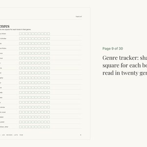 May include: A white page titled Genres with a list of twenty book categories, each followed by a row of ten empty squares to shade. The text reads Page 9 of 30 and Genre tracker: shade a square for each book read in twenty genres.