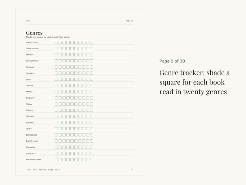 May include: A white page titled Genres with a list of twenty book categories, each followed by a row of ten empty squares to shade. The text reads Page 9 of 30 and Genre tracker: shade a square for each book read in twenty genres.