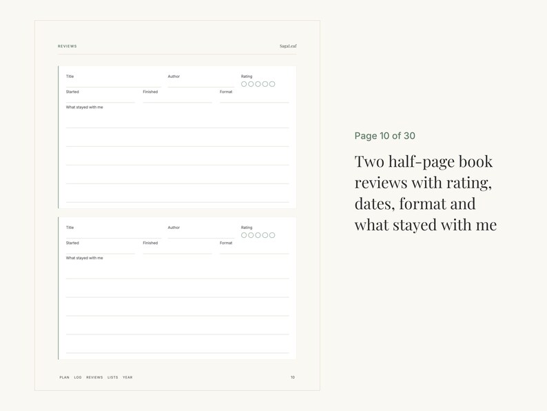 May include: A white planner page titled REVIEWS, featuring two identical sections for book reviews. Each section includes fields for Title, Author, Rating with five circles, Started, Finished, Format, and a section labeled What stayed with me.