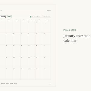 K&ouml;nnte beinhalten: Eine monatliche Kalenderseite f&uuml;r Januar 2027 mit einem Rasterlayout. Die Kopfzeile zeigt Monat und Jahr, gefolgt von den Wochentagen. Der Text 'Page 7 of 90' und 'January 2027 monthly calendar' erscheint rechts neben dem Raster.