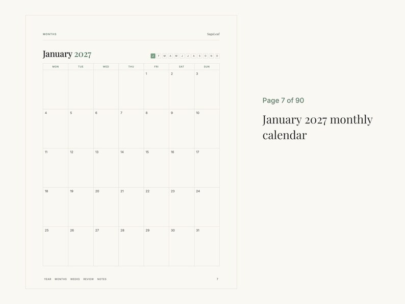 K&ouml;nnte beinhalten: Eine monatliche Kalenderseite f&uuml;r Januar 2027 mit einem Rasterlayout. Die Kopfzeile zeigt Monat und Jahr, gefolgt von den Wochentagen. Der Text 'Page 7 of 90' und 'January 2027 monthly calendar' erscheint rechts neben dem Raster.