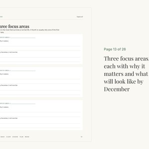May include: A white planner page titled Three focus areas, featuring three sections with lines for Why it matters and By December, it will look like. The page includes the text Page 13 of 26 and Three focus areas, each with why it matters and what it will look like by December.