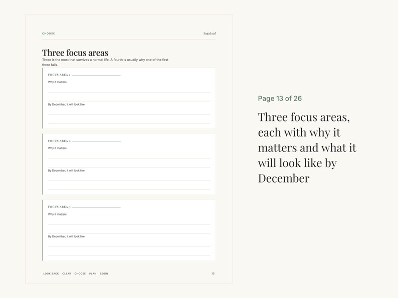 May include: A white planner page titled Three focus areas, featuring three sections with lines for Why it matters and By December, it will look like. The page includes the text Page 13 of 26 and Three focus areas, each with why it matters and what it will look like by December.