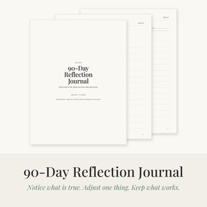 May include: A 90-Day Reflection Journal with white pages featuring black text. The cover displays the title 90-Day Reflection Journal and the subtitle Notice what is true. Adjust one thing. Keep what works. Several interior lined pages are visible.