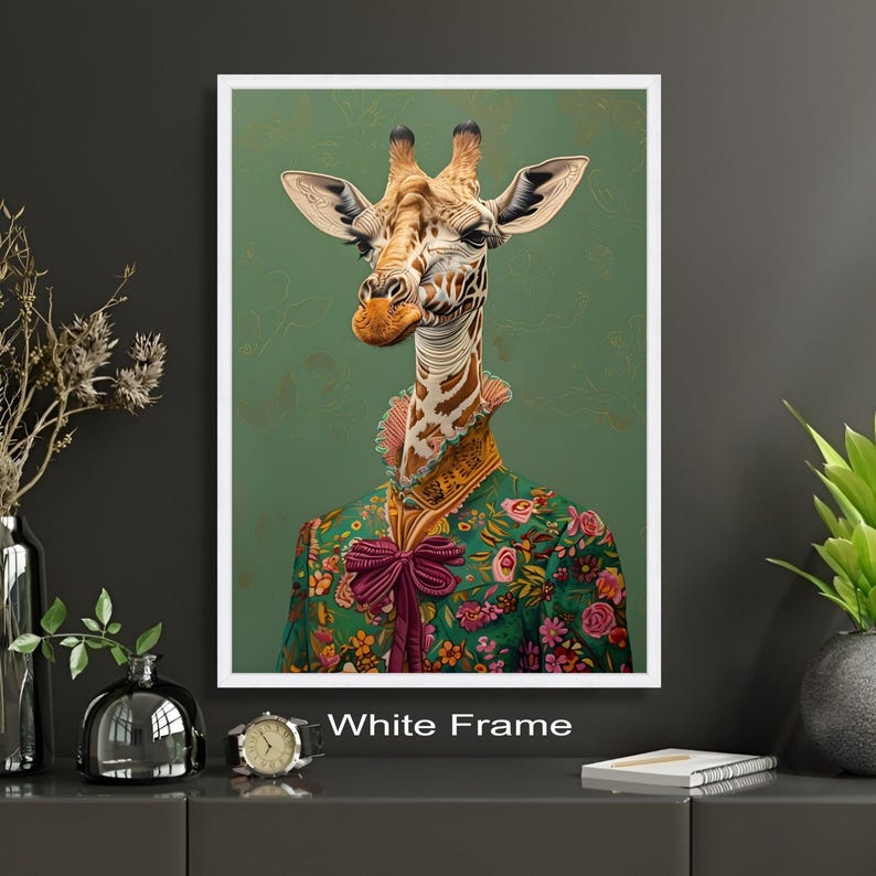 Elegant Giraffe Portrait Canvas, Floral Patterned Clothing Wall Art ...