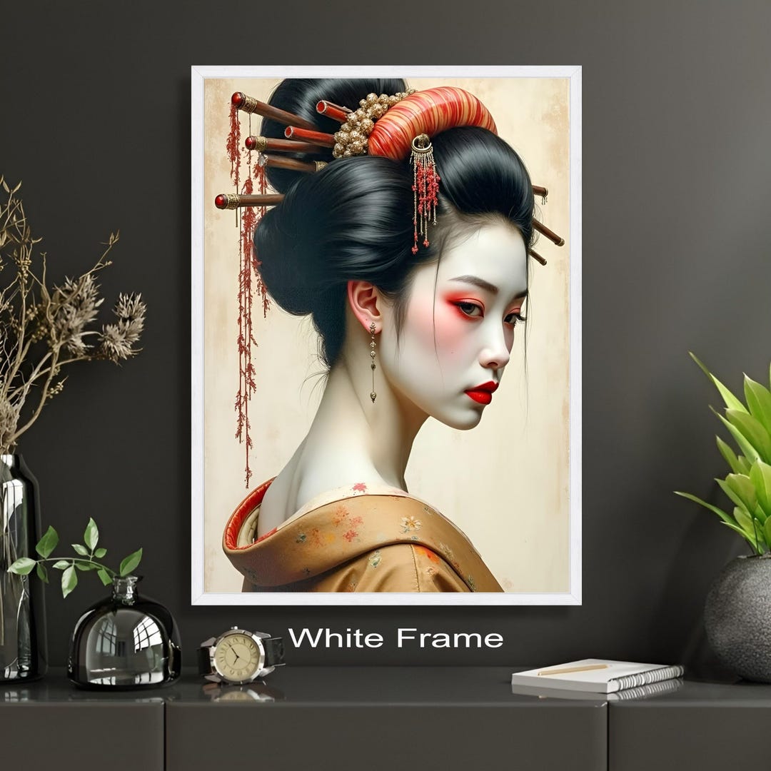 Elegant Geisha Portrait Canvas Wall Art, Japanese Traditional Costume ...