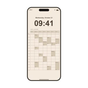 May include: A smartphone screen displaying a digital calendar interface with a light beige background and dark brown text. The screen shows the date Wednesday, October 21, the time 09:41, and a weekly schedule grid with various tasks.