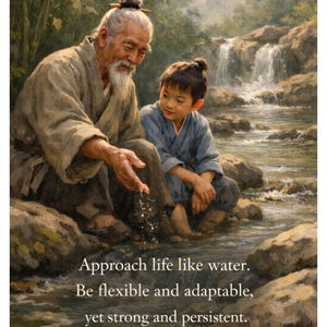 Puede incluir: Una pintura artística muestra a un hombre mayor y a un niño junto a un arroyo. El hombre mayor señala el agua, con una cascada al fondo. El texto dice: "Acércate a la vida como el agua. Sé flexible y adaptable, pero fuerte y persistente."