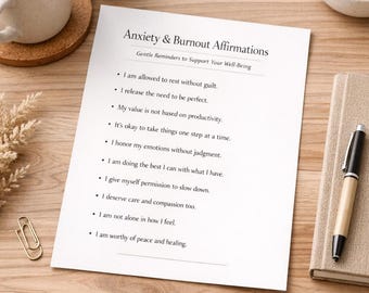 Afdrukbare zelfzorg voor angstverlichting – Bevestigingsvellen ter ondersteuning van burn-out | Werkblad kalmerende geestelijke gezondheid (pdf)