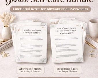 Zachte zelfzorgbundel voor burn-out en overweldiging | Afdrukbare emotionele reset van 6 pagina's | Werkbladen Angstverlichting en Grenzen