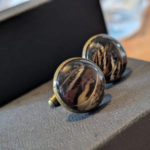 May include: Two round cufflinks with a feather design under a clear, domed glass. The cufflinks have a gold-coloured metal border and post. The feather pattern features shades of brown, black, and tan. They rest on a dark grey surface.