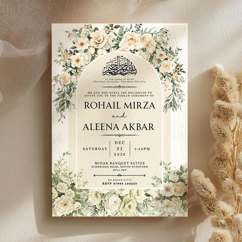 May include: Wedding invitation featuring floral accents and elegant calligraphy. The invitation includes the names "ROHAIL MIRZA" and "ALEENA AKBAR", along with the date "DEC 21 2025" and the time "1:30PM". The RSVP number is 07993 108329.