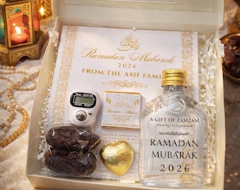 Personalized Ramadan / Eid Gift Box, Dua Card, Zamzam Water, Dates, Digital Tasbih, Chocolate
