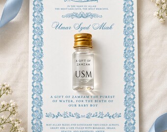 Personalised Islamic Baby Boy Announcement Favour | Muslim Aqiqah Zamzam Water Favour