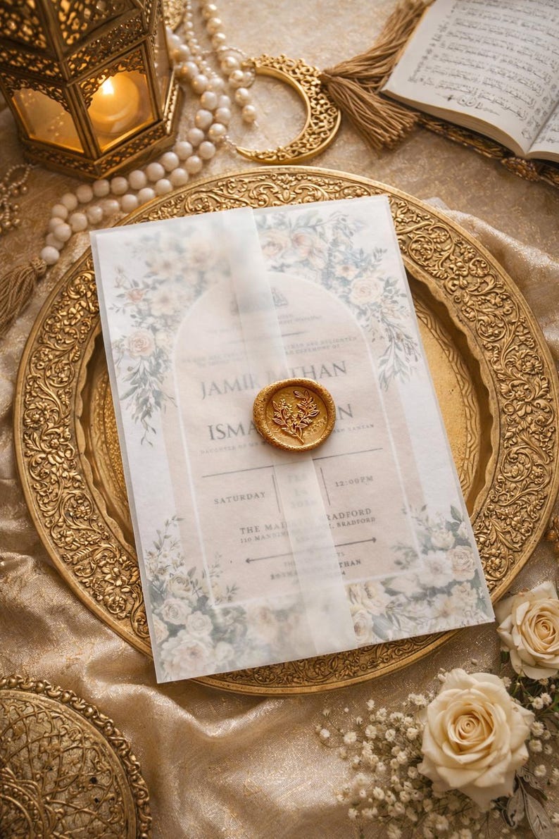 Floral Islamic Wedding Invitation | Elegant Nikah Invite | Neutral Beige Muslim Wedding Card image 2