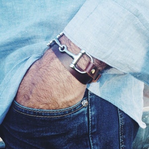 Bracciali in pelle per uomo, braccialetti in pelle da uomo, morso di cavallo in argento, braccialetto in pelle fatto a mano