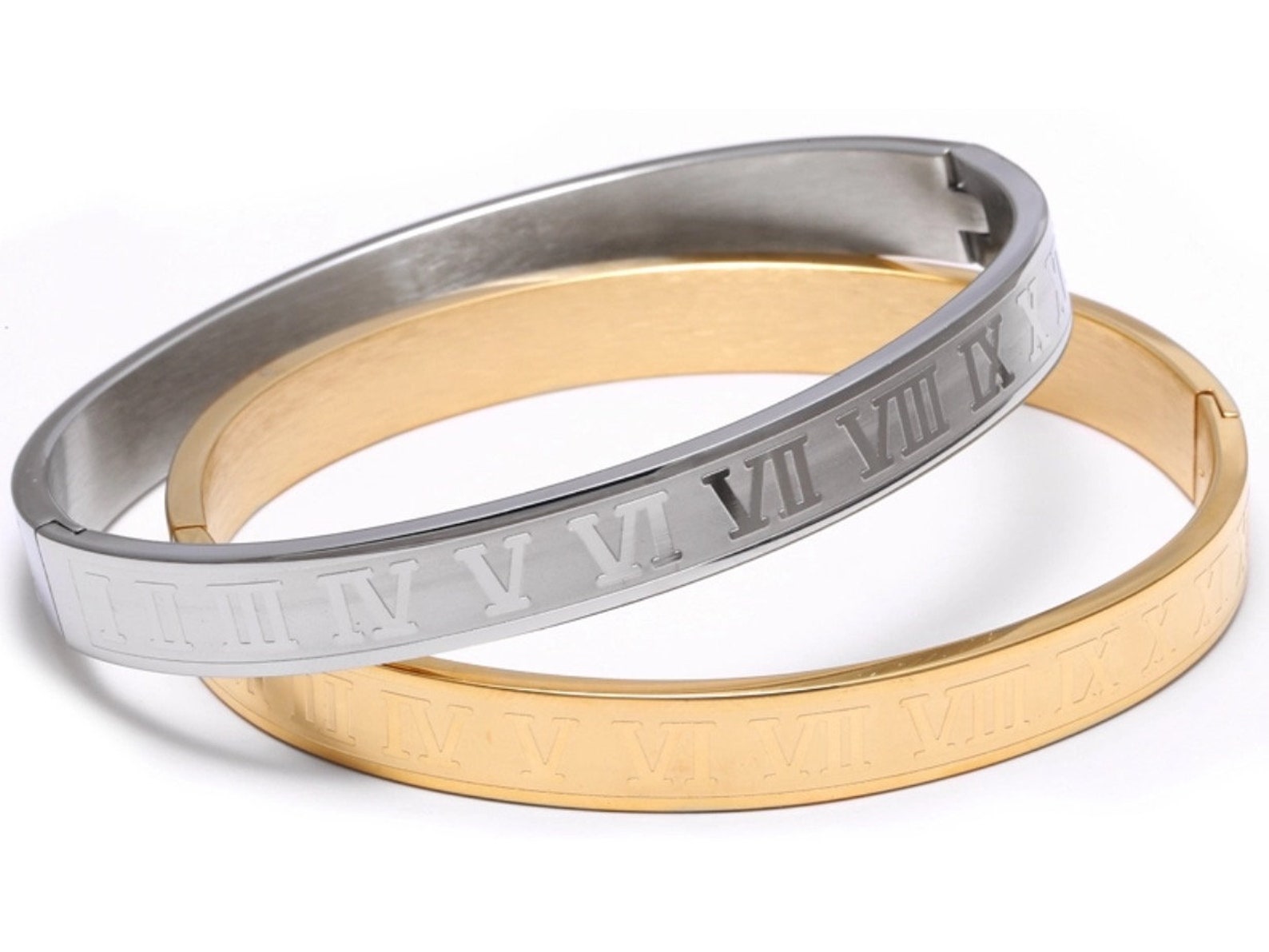 Pure Luxe Jewelry Women's 6.5 Inch Stainless Steel Roman-Numeral Bangle Bracelet - Silver, Box Included