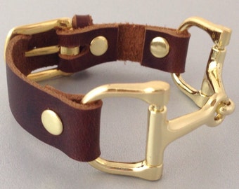 Brown Leather Wrap Bracelet with Equestrian Horse Detail Horsebit Gold Snaffle Bit
