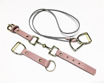 Soft Pink Equestrian Leather Collection for Women, Handmade Gift Package, Horse Bit Bracelet, Stirrup Necklace and key chain