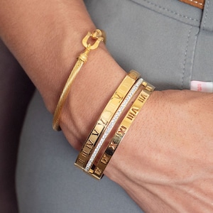 Classic Roman Numeral Stainless Steel Cuff Bangle Bracelet