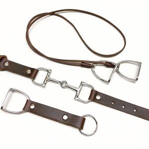 Puede incluir: Un juego de tres correas de cuero marrón con bocados de metal plateado. Las correas tienen una hebilla, un anillo y un cierre a presión.