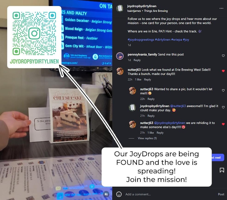 May include: A white square card featuring a teal Instagram QR code and the text JOYDROPBYDIRTYLINEN, positioned next to a small table tent sign displaying a cheesecake image and the text CHEESECAKE, alongside a social media interface overlay.