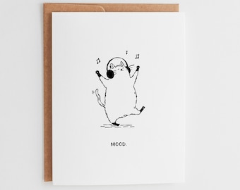 Funny Dancing Cat Greeting Card, Hand Drawn Headphone Kitty Music Lover Card, Funny Birthday Card, Just Because Art #141