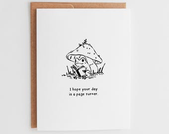Page Turner Frog Card, Cute Birthday Card for Bookworm, Funny Book Lover Greeting Card, Cottagecore Mushroom Friend Card, Hand-Drawn #103