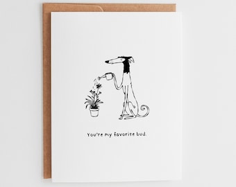 Favorite Bud Dog Card, Funny Borzoi Greyhound Card, Cute Thinking of You Friendship Card, Garden Plant Lover Card, Hand-Drawn #092