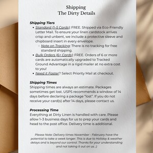 May include: A white informational card with black text titled Shipping The Dirty Details. The text outlines shipping tiers, standard and bulk order policies, shipping times, and processing times for linen cardstock products.