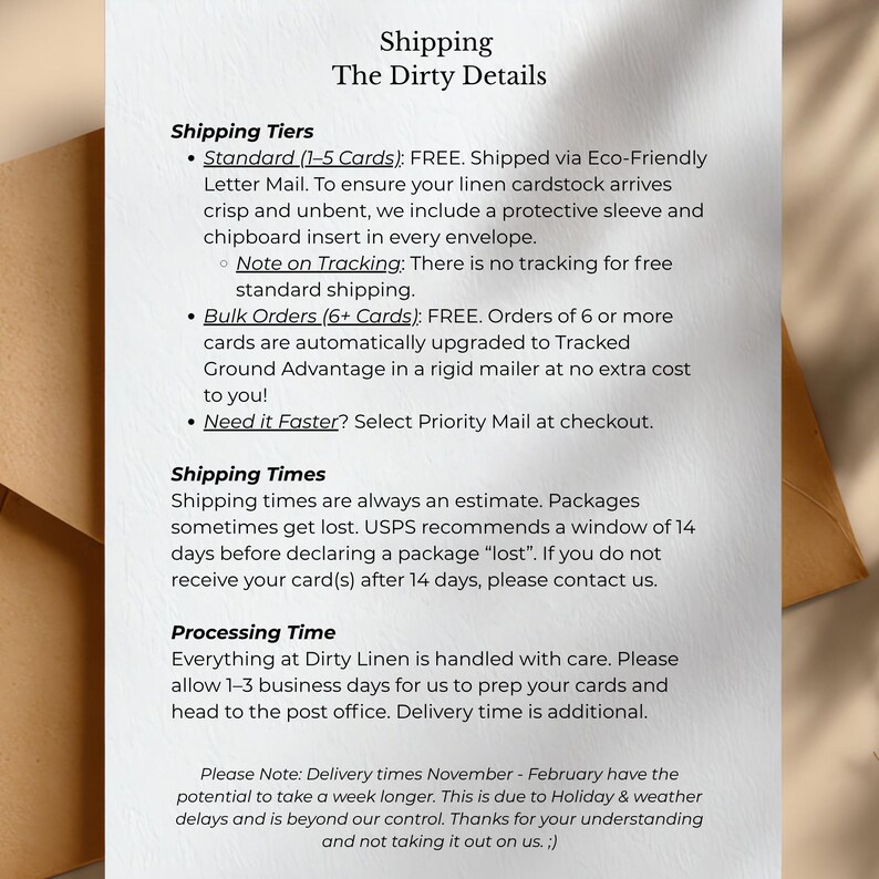 May include: A white informational card with black text titled Shipping The Dirty Details. The text outlines shipping tiers, standard and bulk order policies, shipping times, and processing times for linen cardstock products.