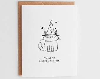 Resting Witch Face Cat Card, Funny Halloween Greeting Card, Minimalist Black Cat Witch Card, Cute Spooky Autumn Card #058
