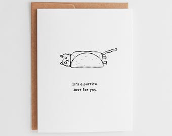 Cute Cat Purrito Greeting Card, Funny Taco Kitten Birthday Card, Just Because Thinking of You, Minimalist Cat Lover Pun Card #145