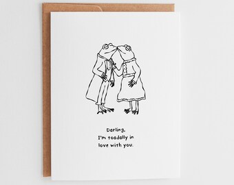 Cute Frog Anniversary Card, Toadally In Love Greeting Card, Funny Romantic Valentines Day Card, Frog Kissing Art, Wedding Card #143