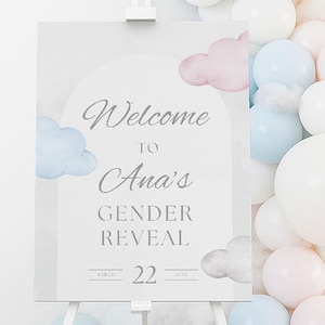 Heaven Sent Gender Reveal Welcome Board, Editable Sign Template, Little Piece of Heaven Baby Shower, Cloud 9 Theme Poster, Pink Blue Clouds